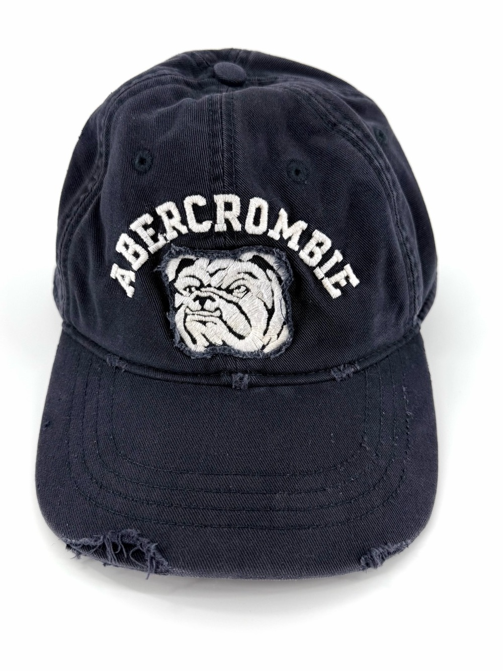 Abercrombie & Fitch Navy Distressed Bulldog Dad Cap Hat S/M Embroidered Y2K